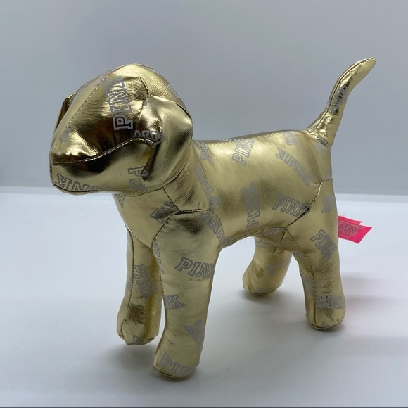 NWT Victoria's Secret PINK Collectable Display Gold and White Stuffed Plush Dog - Picture 2 of 8